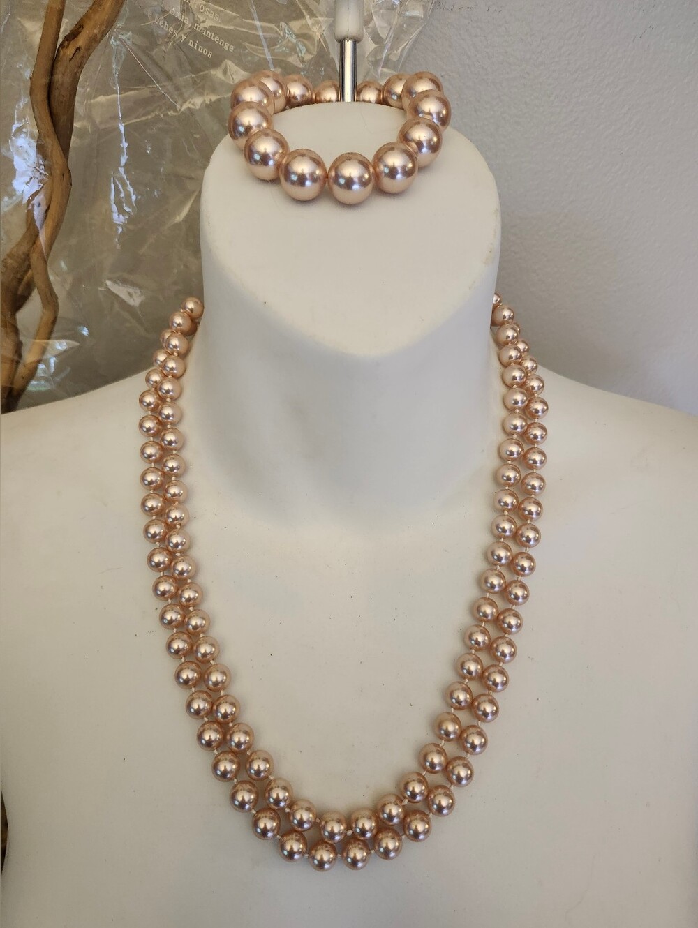 Vtg Double Strand Rose Gold Pearl Bead Necklace and Bracelet Set